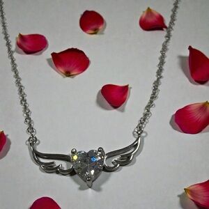 Elegant Rhodium Electroplated with Cz Stone Winged Heart Necklace